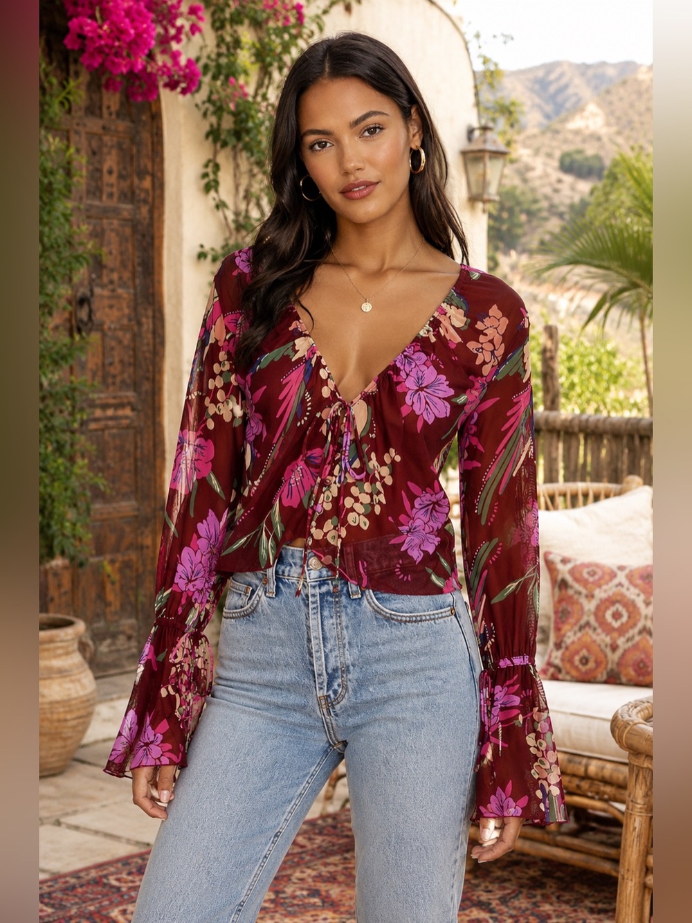 Free People Burgundy Of Paradise Top Sheer Floral Bell Sleeve Size XS X-Small